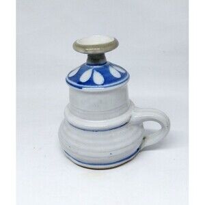 Glazed Pottery Jug Like Bud Vase W/Handle Blue/Gray Country Cottage 5"H